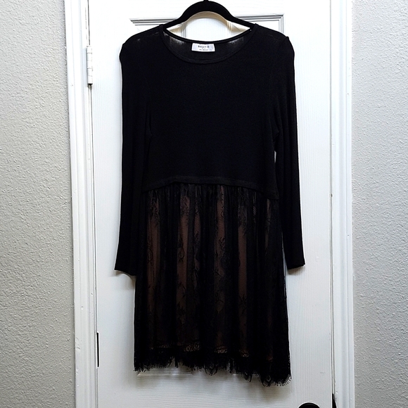 Bailey/44 Black Long-sleeve Knit and Lace Mini Dress, Size Petite S - Picture 4 of 9